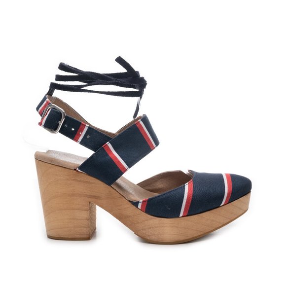 FREE PEOPLE Monaco Wood Platform Heel Navy Clog stripe size 37 - Picture 1 of 14